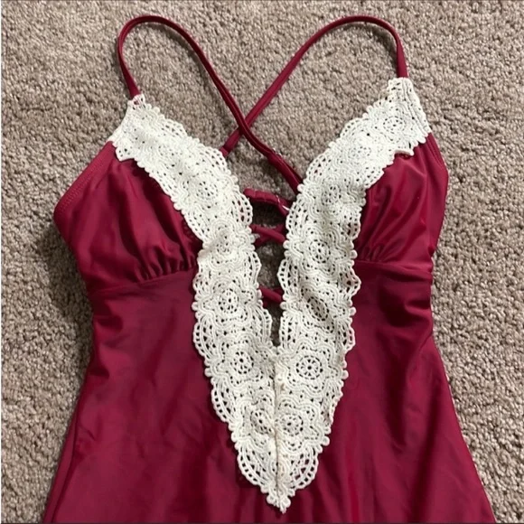 Cupshe Lace Trim Criss Cross Plunge Cutout One Piece Backless Bathing suit - Picture 3 of 7